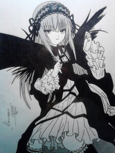 Rating: Safe Score: 0 Tags: 1girl closed_mouth cowboy_shot dated dress frills hairband image lolita_fashion long_hair long_sleeves looking_at_viewer monochrome ribbon rose signature smile solo suigintou traditional_media wings User: admin