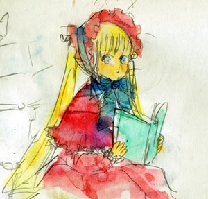 Rating: Safe Score: 0 Tags: 1girl bangs blonde_hair blue_eyes bonnet book bow bowtie dress frills image long_hair long_sleeves open_book red_dress shinku simple_background sitting solo twintails very_long_hair User: admin