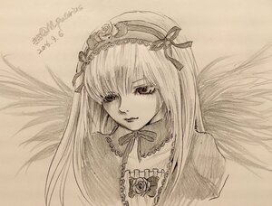 Rating: Safe Score: 0 Tags: 1girl bangs dated flower hairband image long_hair looking_at_viewer monochrome ribbon rose simple_background solo suigintou traditional_media upper_body wings User: admin