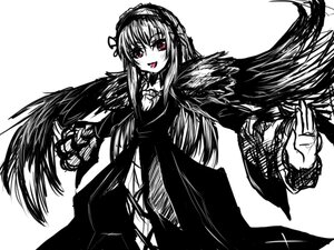 Rating: Safe Score: 0 Tags: 1girl :d black_wings dress feathered_wings greyscale hairband image lolita_hairband long_hair long_sleeves looking_at_viewer monochrome open_mouth rose simple_background smile solo suigintou very_long_hair white_background wings User: admin