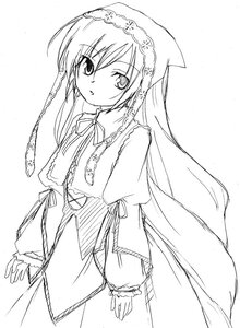 Rating: Safe Score: 0 Tags: 1girl dress eyebrows_visible_through_hair frills greyscale image long_hair long_sleeves looking_at_viewer monochrome puffy_sleeves ribbon simple_background solo suiseiseki very_long_hair white_background User: admin