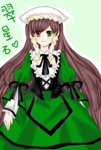 Rating: Safe Score: 0 Tags: 1girl auto_tagged blush brown_hair dress frills green_background green_dress green_eyes head_scarf heterochromia image long_hair long_sleeves looking_at_viewer red_eyes smile solo suiseiseki very_long_hair User: admin