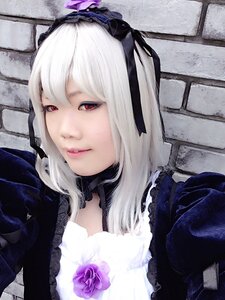 Rating: Safe Score: 0 Tags: 1girl closed_mouth flower gothic_lolita lace lips lolita_fashion looking_at_viewer purple_flower purple_rose red_eyes rose solo suigintou white_hair User: admin