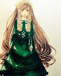 Rating: Safe Score: 0 Tags: 1girl brown_hair dress drill_hair frills green_dress green_eyes image long_hair long_sleeves looking_at_viewer simple_background solo suiseiseki twin_drills very_long_hair User: admin