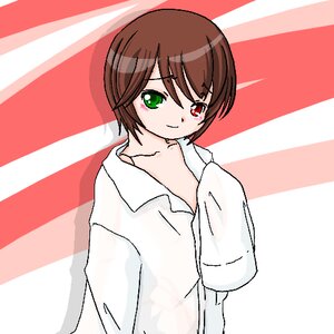 Rating: Safe Score: 0 Tags: 1girl bangs brown_hair closed_mouth collarbone collared_shirt dress_shirt green_eyes heterochromia image long_sleeves looking_at_viewer oversized_clothes red_eyes shirt short_hair sleeves_past_fingers sleeves_past_wrists smile solo souseiseki striped striped_background sunburst upper_body vertical_stripes white_shirt User: admin