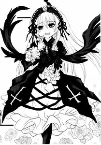 Rating: Safe Score: 0 Tags: 1girl :d blush dress flower frills greyscale hairband image lolita_hairband long_hair long_sleeves looking_at_viewer monochrome open_mouth ribbon rose smile solo suigintou wide_sleeves wings User: admin