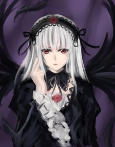 Rating: Safe Score: 0 Tags: 1girl black_dress black_ribbon black_wings detached_collar dress feathered_wings feathers flower frills hairband image long_hair long_sleeves looking_at_viewer red_eyes rose silver_hair solo suigintou upper_body wings User: admin