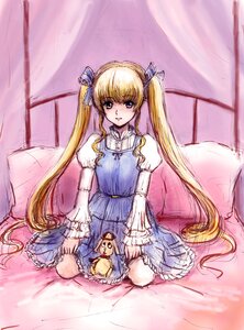 Rating: Safe Score: 0 Tags: 1girl bed blonde_hair blue_dress blue_eyes blush dress image long_hair long_sleeves looking_at_viewer on_bed pillow ribbon shinku sitting solo stuffed_animal twintails very_long_hair User: admin