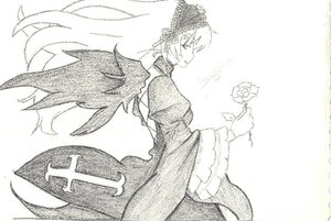 Rating: Safe Score: 0 Tags: 1girl dress flower frills greyscale holding_flower image long_hair long_sleeves monochrome solo suigintou wide_sleeves wings User: admin