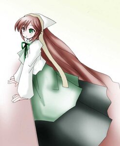 Rating: Safe Score: 0 Tags: 1girl bangs brown_hair dress green_eyes head_scarf image long_hair long_sleeves looking_at_viewer looking_back shirt simple_background solo suiseiseki very_long_hair white_background white_shirt User: admin