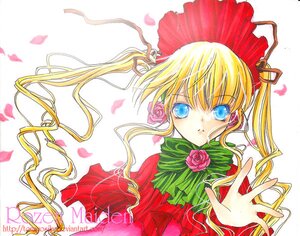 Rating: Safe Score: 0 Tags: 1girl blonde_hair blue_eyes bow bowtie dress flower green_bow image long_hair long_sleeves looking_at_viewer petals pink_flower pink_rose rose rose_petals shinku solo twintails User: admin