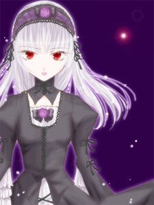 Rating: Safe Score: 0 Tags: 1girl bangs black_dress black_ribbon detached_collar dress flower frills hairband image juliet_sleeves long_hair long_sleeves looking_at_viewer purple_background red_eyes rose silver_hair solo suigintou wings User: admin
