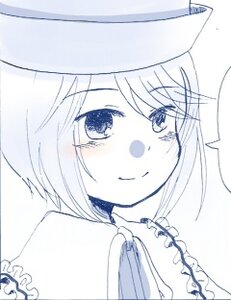 Rating: Safe Score: 0 Tags: 1girl bare_shoulders blue_theme blush eyebrows_visible_through_hair hat image monochrome short_hair solo souseiseki speech_bubble User: admin