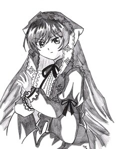Rating: Safe Score: 0 Tags: 1girl bangs braid closed_mouth dress eyebrows_visible_through_hair frills frown greyscale image long_hair long_sleeves looking_at_viewer monochrome neck_ribbon ribbon solo suiseiseki white_background User: admin