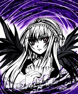 Rating: Safe Score: 0 Tags: 1girl black_wings dress feathered_wings flower frills hairband image long_hair long_sleeves looking_at_viewer monochrome ribbon rose solo suigintou wings User: admin