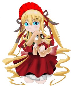 Rating: Safe Score: 0 Tags: 1girl blonde_hair blue_eyes bonnet bow dress holding image long_hair looking_at_viewer red_dress shinku sidelocks simple_background solo striped stuffed_animal very_long_hair white_background User: admin