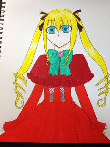 Rating: Safe Score: 0 Tags: 1girl blonde_hair blue_eyes bow bowtie capelet dress drill_hair expressionless hair_ribbon image long_hair long_sleeves looking_at_viewer marker_(medium) red_capelet red_dress ribbon ringlets shinku sidelocks simple_background solo traditional_media twin_drills twintails User: admin