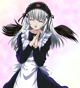 Rating: Safe Score: 3 Tags: 1girl apron artist_request auto_tagged black_dress black_wings closed_eyes dress frills gradient gradient_background hairband hands_clasped happy image juliet_sleeves long_hair long_sleeves open_mouth own_hands_together pink_background rozen_maiden silver_hair smile solo suigintou wings User: admin