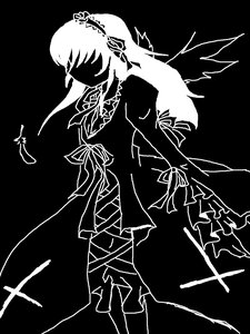 Rating: Safe Score: 0 Tags: 1girl dress greyscale hairband high_contrast image long_hair long_sleeves monochrome ribbon simple_background solo standing suigintou wings User: admin