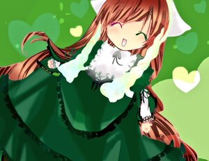Rating: Safe Score: 0 Tags: 1girl auto_tagged blush brown_hair closed_eyes dress frills green_background green_dress heart image long_hair long_sleeves open_mouth smile solo suiseiseki very_long_hair User: admin