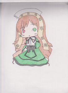 Rating: Safe Score: 0 Tags: 1girl chibi dress flower full_body green_eyes heterochromia image long_hair long_sleeves red_eyes solo suiseiseki traditional_media very_long_hair User: admin