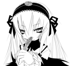 Rating: Safe Score: 0 Tags: 1girl black_wings dress frills greyscale hairband image long_hair long_sleeves looking_at_viewer monochrome ribbon rose simple_background solo suigintou upper_body white_background wings User: admin