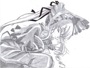 Rating: Safe Score: 0 Tags: 1girl bonnet closed_eyes dress flower frills image long_hair long_sleeves monochrome ribbon rose shinku simple_background solo suigintou traditional_media white_background User: admin