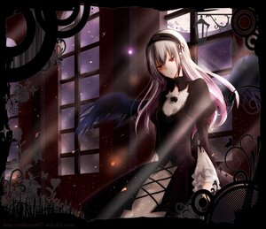 Rating: Safe Score: 0 Tags: 1girl black_dress black_wings cross dress feathers flower frills hairband image juliet_sleeves letterboxed long_hair long_sleeves looking_at_viewer red_eyes rose silver_hair solo suigintou window wings User: admin