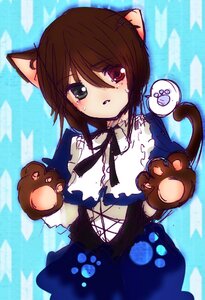 Rating: Safe Score: 0 Tags: 1girl animal_ears blue_background brown_hair cat_ears green_eyes heterochromia image looking_at_viewer paw_gloves paws red_eyes short_hair solo souseiseki tears User: admin