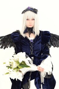 Rating: Safe Score: 0 Tags: 1girl black_wings dress feathered_wings feathers flower long_hair long_sleeves looking_at_viewer simple_background solo standing striped suigintou white_hair wings User: admin