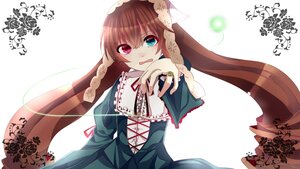 Rating: Safe Score: 0 Tags: 1girl blue_eyes brown_hair dress green_dress heterochromia image jewelry long_hair long_sleeves looking_at_viewer open_mouth red_eyes solo suiseiseki very_long_hair white_background User: admin