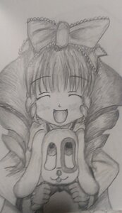 Rating: Safe Score: 0 Tags: 1girl :d blush bow closed_eyes greyscale hair_bow hakurei_reimu hinaichigo image monochrome open_mouth photo smile solo traditional_media User: admin