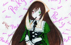 Rating: Safe Score: 0 Tags: 1girl auto_tagged brown_hair dated dress english_text green_dress green_eyes heterochromia image long_hair long_sleeves mouth_hold red_eyes solo suiseiseki very_long_hair User: admin