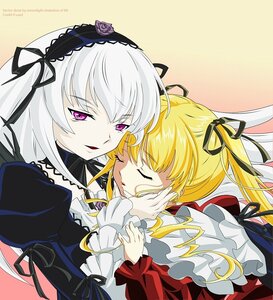 Rating: Safe Score: 0 Tags: 2girls black_ribbon blonde_hair closed_eyes dress flower frills hair_ribbon hairband image long_hair long_sleeves multiple_girls pair ribbon rose shinku silver_hair suigintou twintails wings User: admin