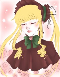 Rating: Safe Score: 0 Tags: 1girl black_border blonde_hair bonnet border bow bowtie closed_eyes dress drill_hair flower frame green_bow green_neckwear image letterboxed long_hair pink_background pink_rose rose shinku solo twintails User: admin