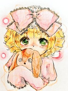 Rating: Safe Score: 0 Tags: 1girl blonde_hair blush bow dress green_eyes hair_bow hina_ichigo hinaichigo image pink_bow puffy_sleeves short_hair short_sleeves solo stuffed_animal traditional_media watercolor_(medium) User: admin