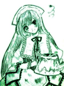Rating: Safe Score: 0 Tags: 1girl blush dress frills green_theme holding image long_hair looking_at_viewer monochrome ribbon simple_background solo suiseiseki very_long_hair User: admin