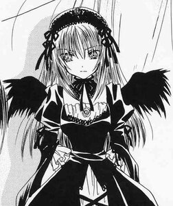 Rating: Safe Score: 0 Tags: 1girl black_wings closed_mouth detached_collar dress flower frills greyscale hairband image long_hair long_sleeves looking_at_viewer monochrome ribbon solo suigintou wings User: admin