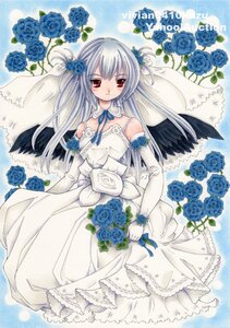 Rating: Safe Score: 0 Tags: 1girl blue_flower blue_rose bouquet dress flower gloves image long_hair red_eyes rose smile solo suigintou traditional_media wings User: admin