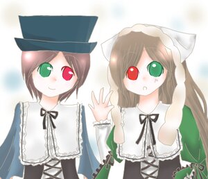 Rating: Safe Score: 0 Tags: 2girls blue_dress blush brown_hair dress frills green_dress green_eyes hat head_scarf heterochromia image long_hair long_sleeves looking_at_viewer multiple_girls pair red_eyes ribbon short_hair siblings sisters smile souseiseki suiseiseki top_hat twins User: admin