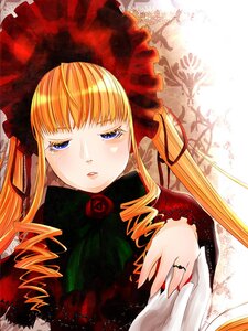 Rating: Safe Score: 0 Tags: 1girl bangs blonde_hair blue_eyes blush bonnet bow bowtie dress drill_hair flower green_bow image long_hair long_sleeves looking_at_viewer rose shinku solo twintails User: admin