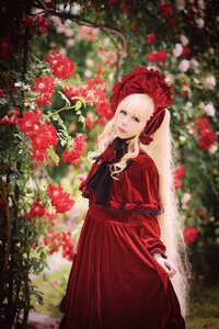 Rating: Safe Score: 0 Tags: 1girl bangs blonde_hair blue_eyes blurry blurry_background bonnet capelet depth_of_field dress flower long_hair long_sleeves looking_at_viewer red_capelet red_dress red_flower red_rose rose shinku solo standing User: admin