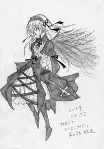 Rating: Safe Score: 0 Tags: 1girl auto_tagged boots dress frilled_sleeves frills full_body greyscale hairband image long_hair long_sleeves monochrome rose solo standing suigintou traditional_media wings User: admin