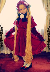 Rating: Safe Score: 0 Tags: 1girl bangs blonde_hair blue_eyes bonnet chain curtains dress flower full_body long_hair long_sleeves looking_at_viewer red_dress shinku solo standing very_long_hair User: admin