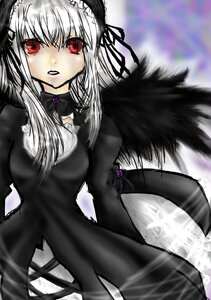 Rating: Safe Score: 0 Tags: 1girl bangs black_dress black_wings dress feathers flower frills hairband image long_hair long_sleeves looking_at_viewer red_eyes ribbon rose silver_hair solo suigintou wings User: admin