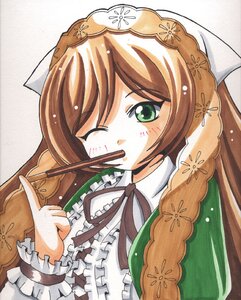 Rating: Safe Score: 0 Tags: 1girl blush brown_hair dress food frills green_eyes image long_hair long_sleeves one_eye_closed ribbon solo suiseiseki traditional_media User: admin