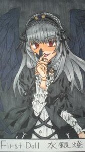Rating: Safe Score: 0 Tags: 1girl black_dress blush dress finger_to_mouth frills hairband image joints long_hair long_sleeves looking_at_viewer red_eyes silver_hair solo suigintou User: admin