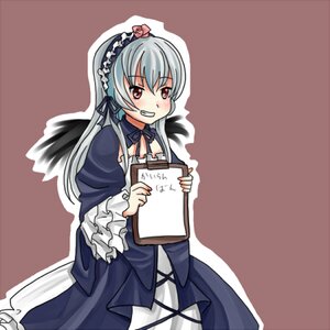 Rating: Safe Score: 0 Tags: 1girl dress flower frills grin hairband holding image long_hair long_sleeves looking_at_viewer red_eyes silver_hair simple_background smile solo suigintou wings User: admin