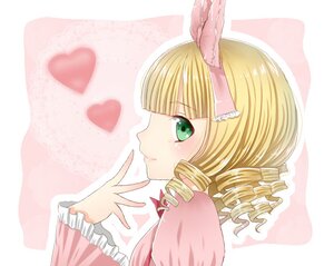 Rating: Safe Score: 0 Tags: 1girl blonde_hair blush bow drill_hair frills green_eyes heart hina_ichigo hinaichigo image long_sleeves pink_bow profile ribbon smile solo striped striped_background upper_body User: admin