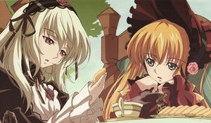 Rating: Safe Score: 0 Tags: 2girls blonde_hair bonnet frills green_eyes hairband image long_hair long_sleeves multiple_girls pair red_eyes rose shinku silver_hair suigintou User: admin